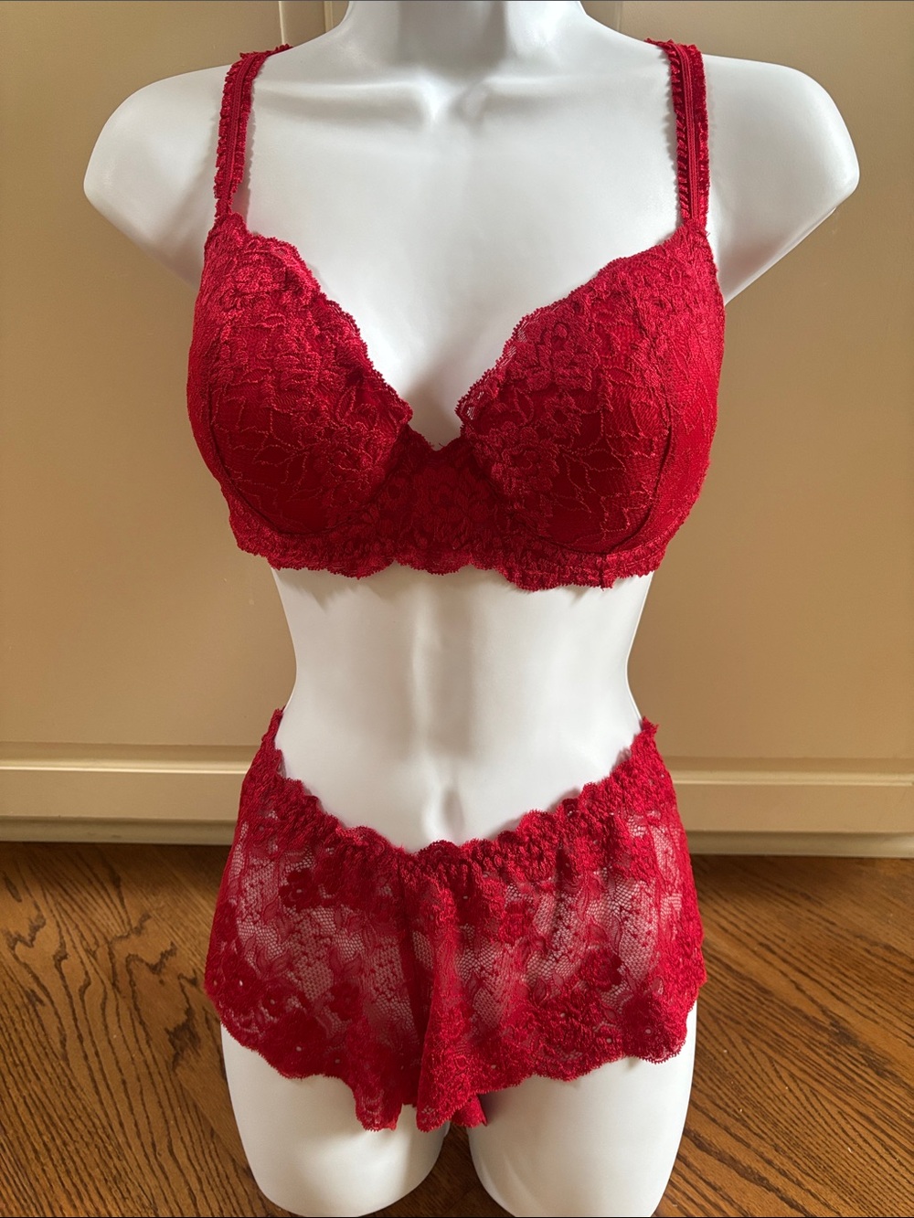 delicates Red Lace Push-Up Bra with Matching Lace High-Waist Briefs